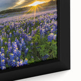 Close-up view of a framed canvas wall art featuring a vibrant bluebonnet floral design. The artwork showcases intricate details and rich colors, perfect for home decor.