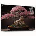 Botanical bonsai tree wall art design displayed in acrylic glass, showcasing intricate flower patterns and vibrant colors, perfect for home decor.