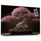Botanical bonsai tree wall art design on acrylic glass, showcasing vibrant colors and intricate details, perfect for home decor enthusiasts seeking nature-inspired aesthetics.
