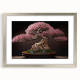 Botanical bonsai tree wall art design featuring vibrant flowers and intricate details, framed in a sleek silver frame with a mat, ideal for home decor.