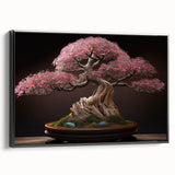Framed wall art featuring a botanical bonsai tree design, showcasing vibrant colors and intricate details on a black background, ideal for modern decor.