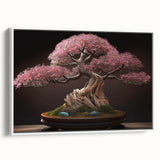 Framed wall art featuring a botanical bonsai tree design on canvas, showcasing intricate floral details with a white background, ideal for home decor accents.
