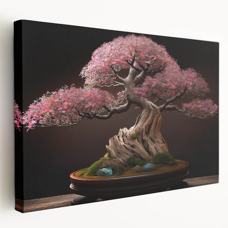 Stretched canvas wall art showcasing a botanical bonsai tree design with vibrant green leaves and intricate details, perfect for nature-themed decor.