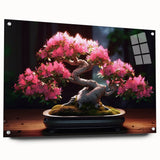 Acrylic glass wall art featuring a botanical bonsai tree design, showcasing intricate floral details and vibrant colors, elegantly displayed with pins for mounting.