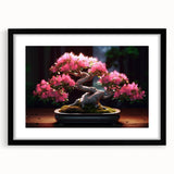 Bonsai tree wall art featuring vibrant floral designs in a black frame with a white mat, perfect for enhancing home decor with a touch of nature.