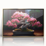 Framed botanical bonsai tree wall art with intricate floral designs, featuring gold accents and an elegant acrylic front, perfect for modern decor.