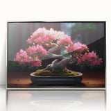 Framed wall art featuring a botanical bonsai tree design with vibrant floral elements, set in a sleek silver frame, perfect for modern home decor.