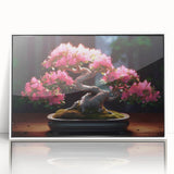 Framed wall art showcasing a botanical bonsai tree design on acrylic, featuring vibrant flowers and a white frame, ideal for home decor enhancement.