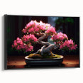 Framed botanical bonsai tree wall art in vibrant colors, showcasing intricate details and a black frame, ideal for home decor and nature lovers.
