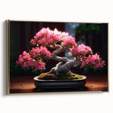 Framed canvas wall art featuring a botanical bonsai tree design, highlighted with gold accents, showcasing intricate details and vibrant colors in a contemporary setting.