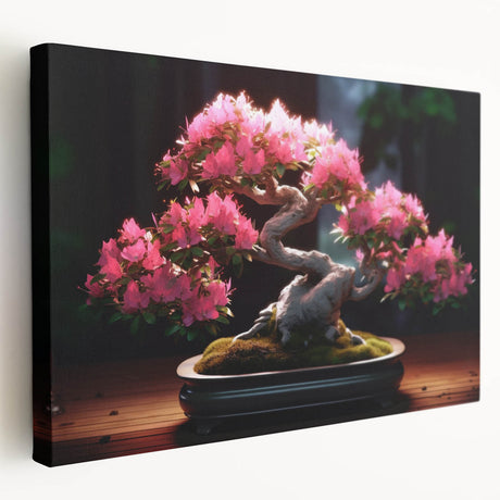 Stretched canvas wall art featuring a botanical bonsai tree design with intricate floral elements, showcasing vibrant colors against a textured background, ideal for home décor.
