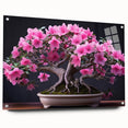Side view of a botanical bonsai tree wall art piece, featuring vibrant colors and intricate details, displayed in a sleek acrylic glass frame with pins, perfect for home decor.