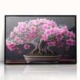 Framed wall art featuring a botanical bonsai tree design on a black background, showcasing intricate floral details and vibrant colors, ideal for home decor.