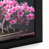 Close-up of a framed botanical bonsai tree wall art piece, showcasing intricate floral designs and vibrant colors, perfect for home decor enthusiasts.