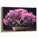 Framed botanical wall art featuring a bonsai tree design with vibrant flowers, set against a gold background, showcasing intricate details and elegance for home decor.