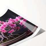 Botanical bonsai tree wall art print featuring a vibrant floral design in rich colors, rolled and ready for framing, perfect for home decor enthusiasts.
