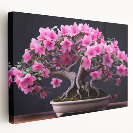 Stretched canvas artwork displaying a botanical bonsai tree design in vibrant colors, ideal for home decor, showcasing intricate details and a serene aesthetic.