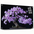 Botanical bonsai tree wall art design in acrylic glass, featuring vibrant colors and intricate details, displayed from a side view with decorative pins.