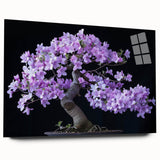 Botanical bonsai tree wall art design displayed in acrylic glass, showcasing intricate floral details and vibrant colors from a side view, ideal for home decor.