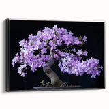 Framed wall art featuring a botanical bonsai tree design in vibrant colors, presented in a sleek black frame, perfect for home decor and nature enthusiasts.