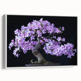 Framed botanical bonsai tree wall art in a minimalist white setting, showcasing vibrant greenery and intricate details, ideal for modern home decor.
