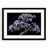 Botanical bonsai tree wall art design framed in black, featuring vibrant floral elements and a matte finish, ideal for home decor and nature-themed interiors.