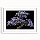 Botanical bonsai tree wall art print featuring vibrant flowers and intricate details, framed with a white mat for an elegant display, perfect for home decor.