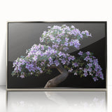 Framed wall art featuring a botanical bonsai tree design in vibrant colors, showcased in an elegant silver frame, perfect for modern home decor.