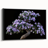 Framed wall art featuring a botanical bonsai tree design in vibrant colors, displayed from a black side view, ideal for home decor and nature enthusiasts.