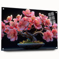 Botanical bonsai tree wall art collection displayed in acrylic glass, featuring vibrant flowers and intricate details, designed for nature-inspired decor.