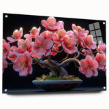 Botanical bonsai tree wall art collection displayed in acrylic glass, featuring vibrant flowers and intricate details, designed for nature-inspired decor.