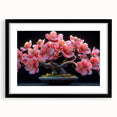 Botanical bonsai tree wall art design in a sleek black frame with matting, showcasing vibrant flowers and intricate details for modern decor. Perfect for nature enthusiasts.