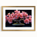 Botanical bonsai tree wall art framed in gold, featuring vibrant flower designs and a textured mat, perfect for adding elegance to home decor.