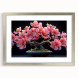Silver-framed wall art featuring a botanical bonsai tree design with vibrant flowers, elegantly matted, perfect for adding a touch of nature to home decor.