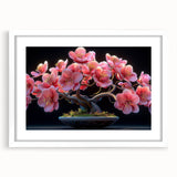 Botanical bonsai tree wall art design featuring vibrant flowers in a white frame with matting, perfect for enhancing home decor and adding a touch of nature.