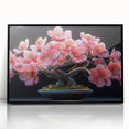 Framed wall art showcasing a botanical bonsai tree design with vibrant flowers, set against a sleek black background, perfect for modern decor.