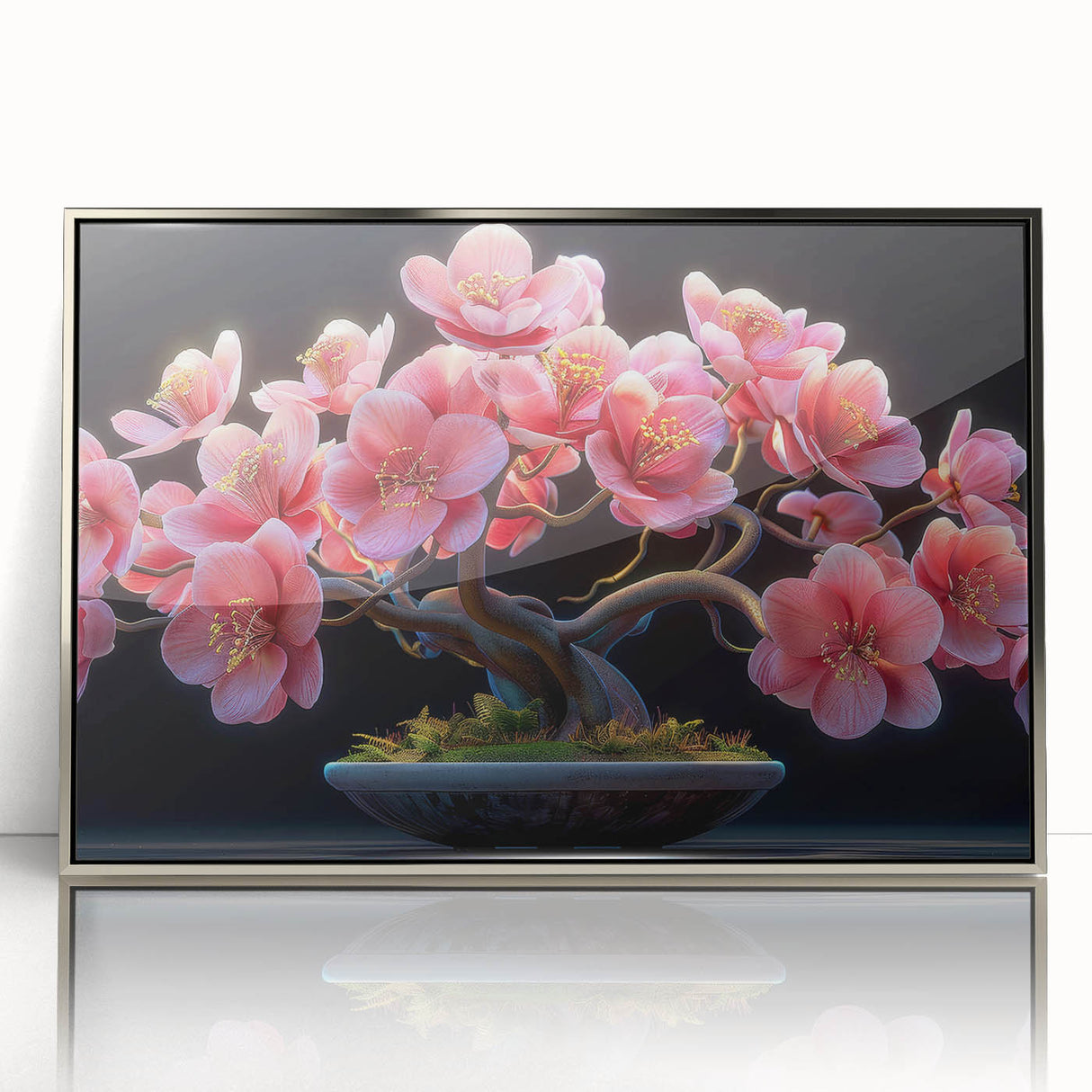 Framed botanical wall art featuring a bonsai tree design with vibrant flowers, set in a sleek silver frame, perfect for enhancing modern home decor.