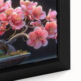 Close-up of a framed canvas showcasing a vibrant botanical bonsai tree design, featuring intricate floral details and rich colors, ideal for home decor enthusiasts.