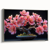 Botanical bonsai tree wall art collection featuring a framed canvas with silver accents, showcasing intricate floral designs and vibrant colors, ideal for home décor.