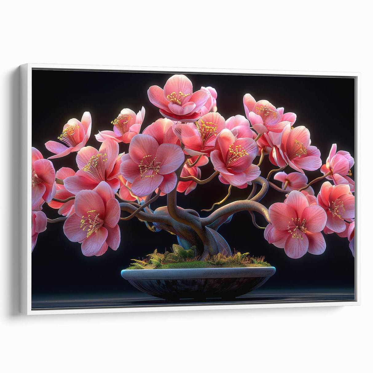Framed wall art featuring a botanical bonsai tree design on canvas, showcasing intricate floral details in vibrant colors, set against a white background.