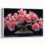 Framed wall art featuring a botanical bonsai tree design on canvas, showcasing intricate floral details in vibrant colors, set against a white background.