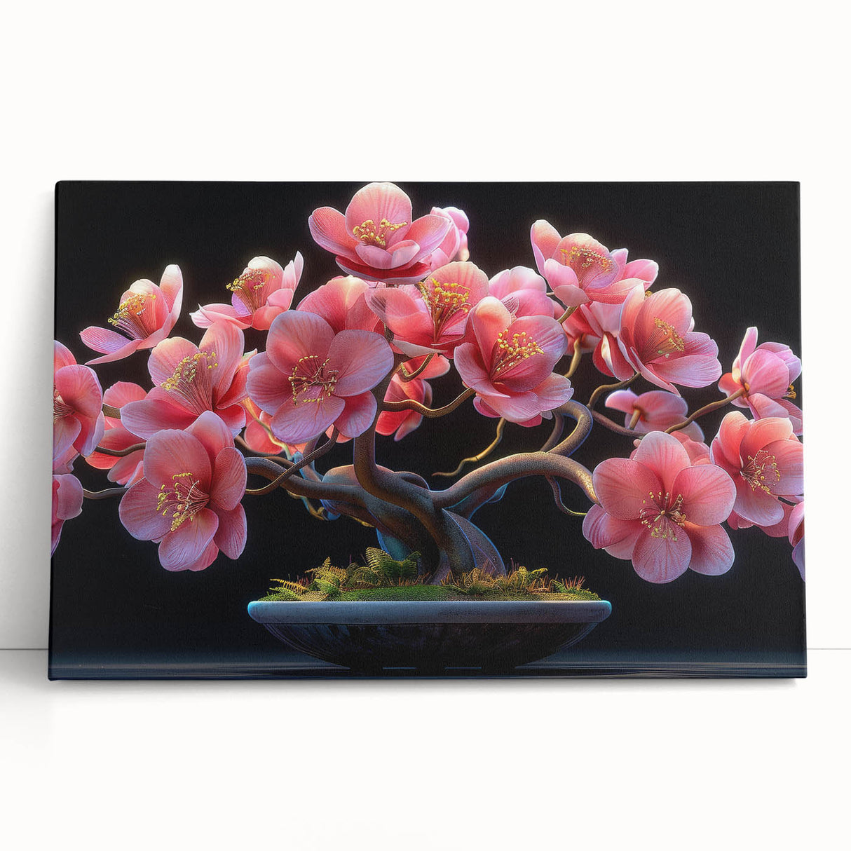 Stretched canvas wall art showcasing a vibrant botanical bonsai tree design, featuring intricate floral details and a serene color palette, perfect for home decor.