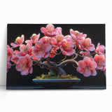 Stretched canvas wall art showcasing a vibrant botanical bonsai tree design, featuring intricate floral details and a serene color palette, perfect for home decor.