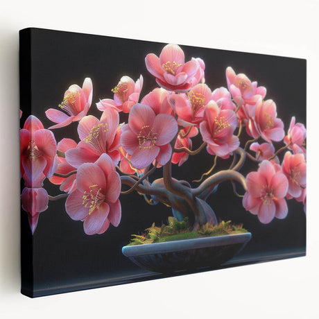 Stretched canvas wall art depicting a vibrant botanical bonsai tree design, showcasing intricate details and lush green foliage against a subtle background, perfect for home decor enthusiasts.