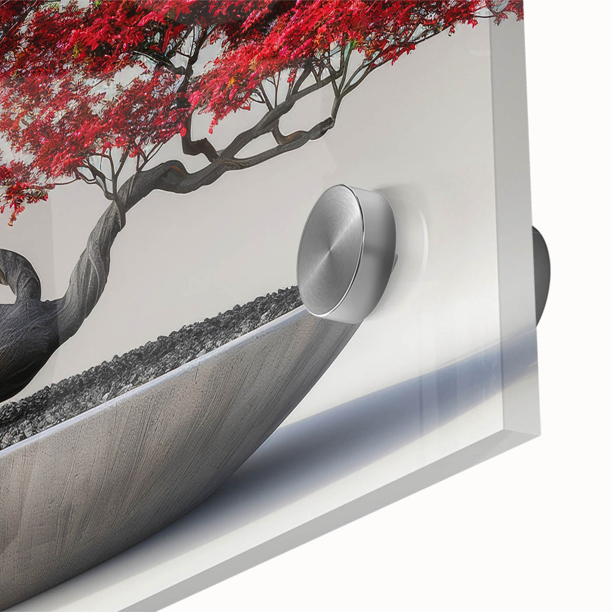 Close-up of a botanical bonsai tree wall art design, showcasing vibrant colors and intricate details on acrylic glass, perfect for home decor enthusiasts.