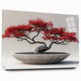 Acrylic glass wall art showcasing a botanical bonsai tree design, featuring vibrant colors and intricate details, displayed from a side view with decorative pins. Perfect for nature enthusiasts and home decor lovers.
