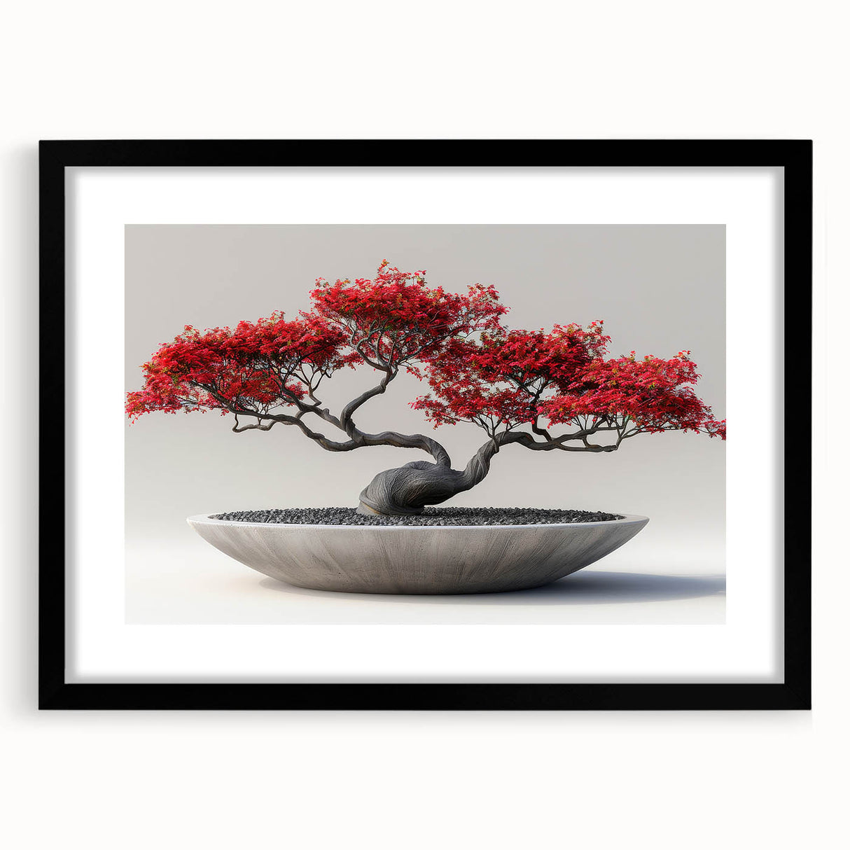 Botanical bonsai tree wall art collection framed in black with a mat, showcasing a delicate floral design, perfect for modern home decor.