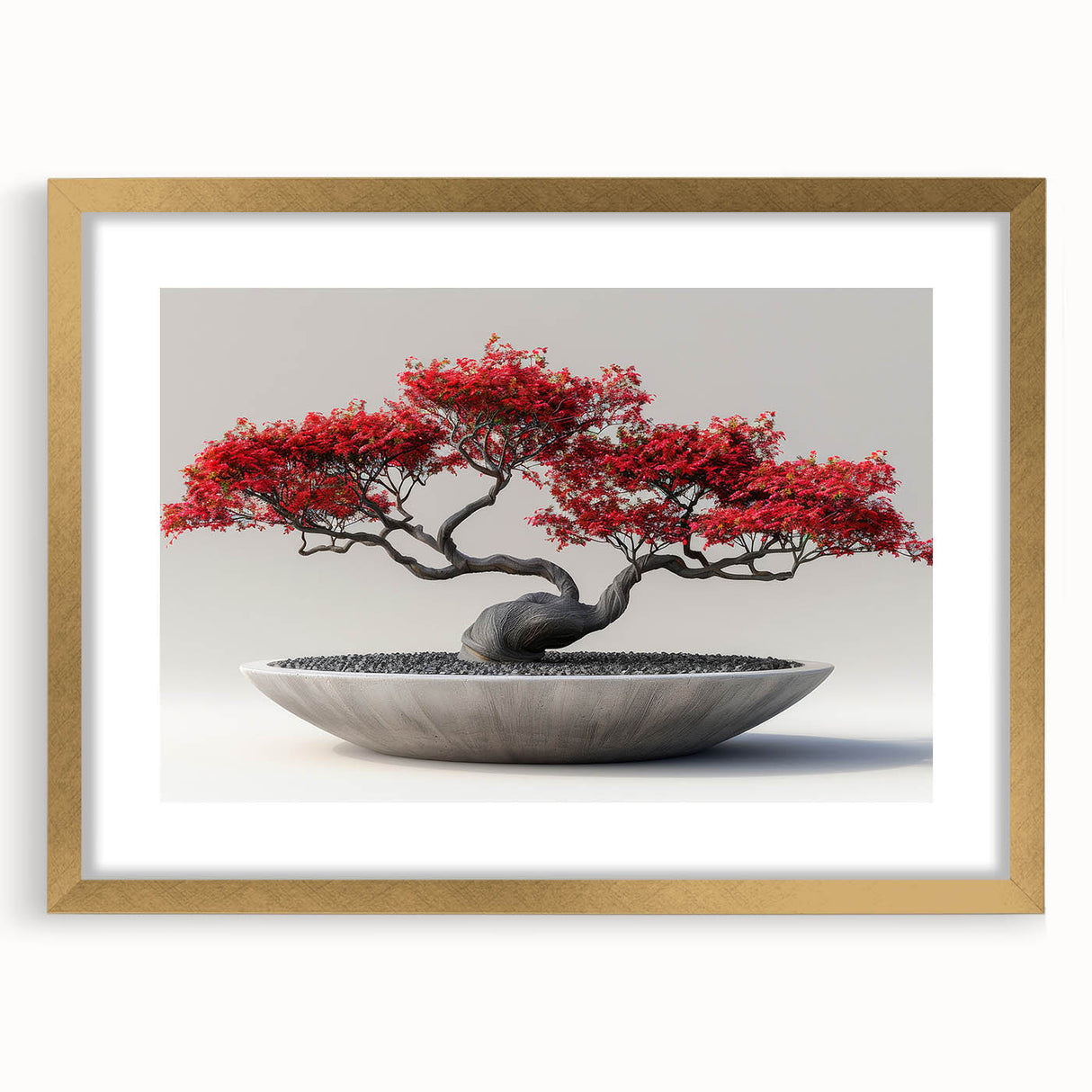 Botanical bonsai tree wall art design framed in gold with a mat, showcasing intricate floral patterns and elegant aesthetics, perfect for home decor.