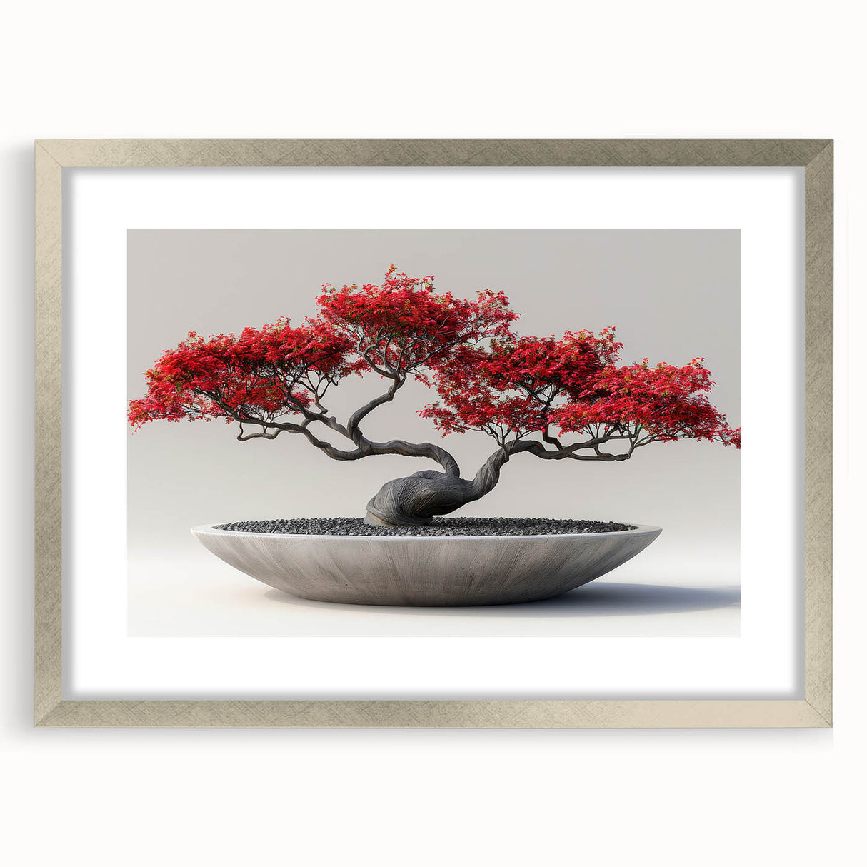 Botanical bonsai tree wall art collection framed in silver, showcasing intricate floral designs with a mat finish, perfect for home decor and nature lovers.