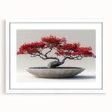 Botanical bonsai tree wall art featuring vibrant flowers, framed in a sleek white mat. Ideal for modern decor, adding a touch of nature to any space.